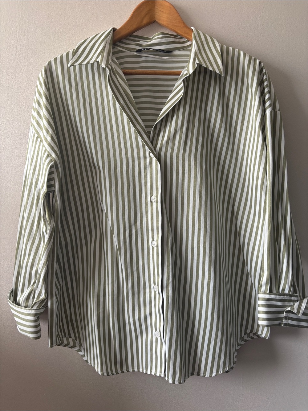 Zara Striped Button-Down Shirt - Olive & White